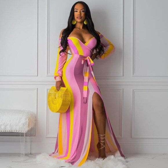 Striped Yellow & Pink Maxi Dress - Picture 1 of 5
